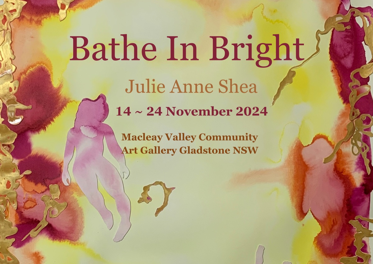 Bathe In Bright exhibition invitation — golden figures floating on yellow and magenta ink washes