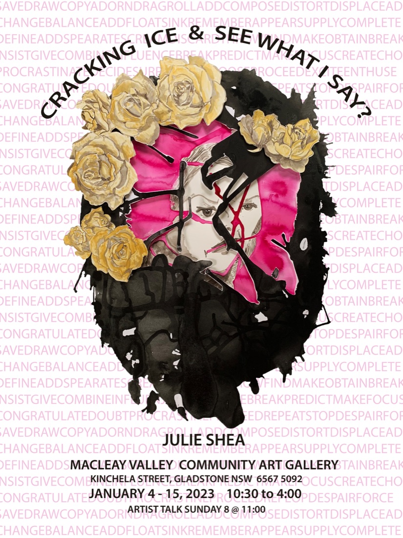 Cracking Ice exhibition invitation — self portrait with golden roses