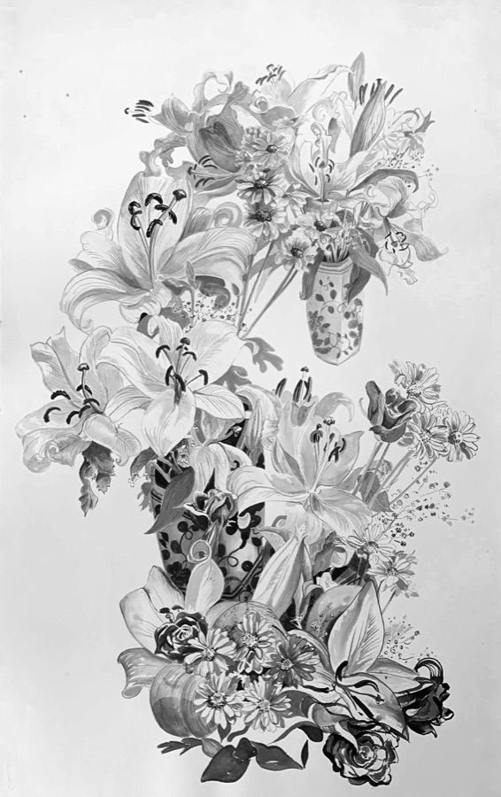 Saved Flowers — ink drawing of massed lilies and flowers