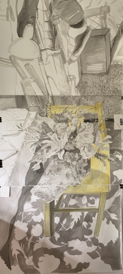 Flowers on a Yellow Chair — ink drawing
