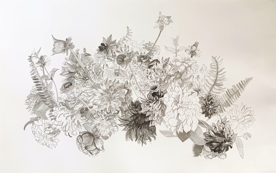 Mitch's New Year Flowers — wide ink drawing of flowers and ferns