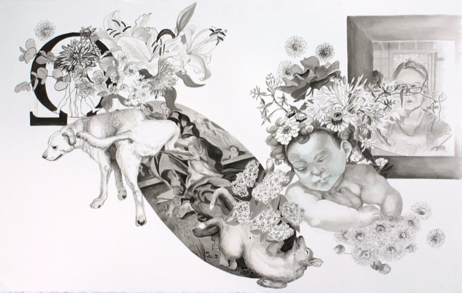 I Don't Like You But I Love You (Omega/Love) — ink collage with dog, baby and self-portrait