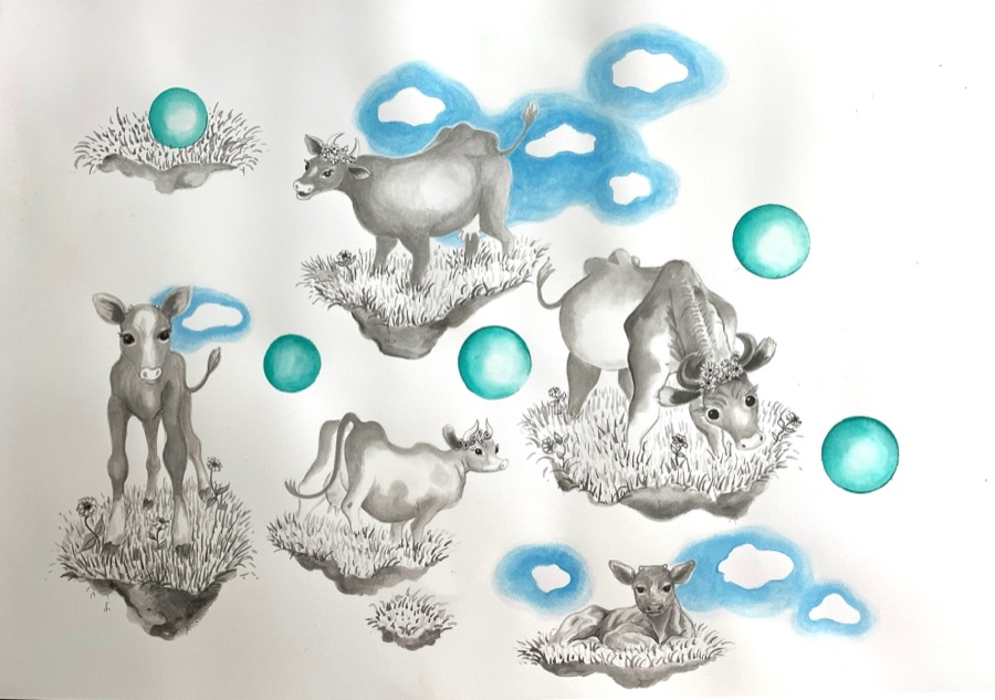Floating Cows — cows floating on islands of earth with clouds and green orbs