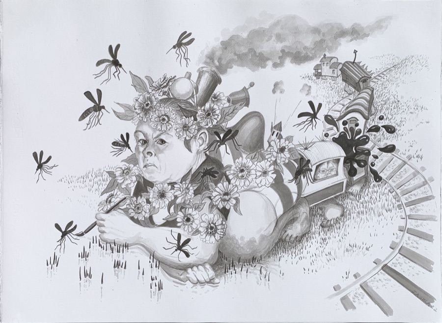 Self Portrait as Tootle — wayward train engine with the artist's face, tormented by mosquitos