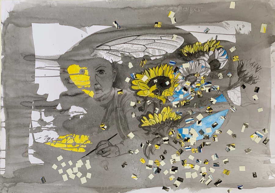 Self Portrait with Broken Wing — ink splash self-portrait with sunflowers and collage fragments