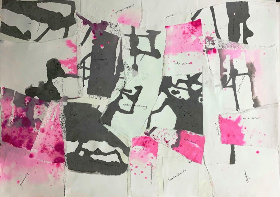 Between Faith and Disbelief — collage of torn ink-stained paper pieces with found words