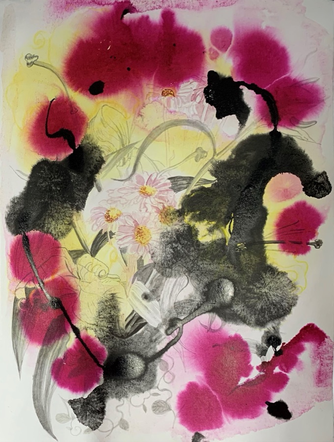 Joining Faith and Disbelief 1 — ink splash over flower drawing