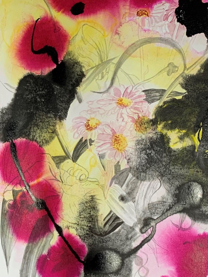 Joining Faith and Disbelief 2 — ink splash over flower drawing