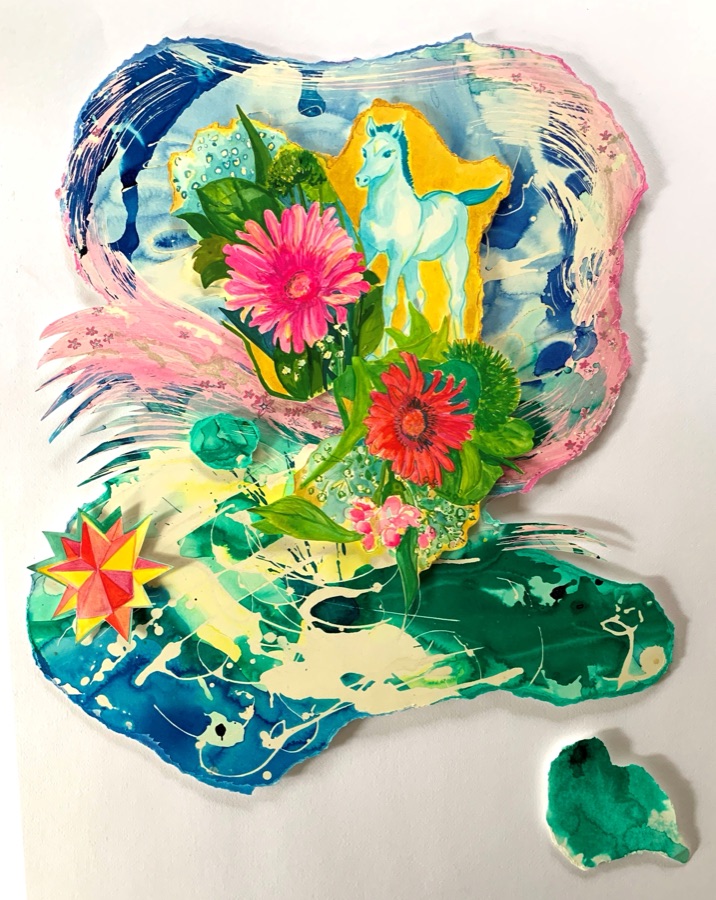 Blue Foal Thought Bubble — collage with foal and flowers on layered ink washes