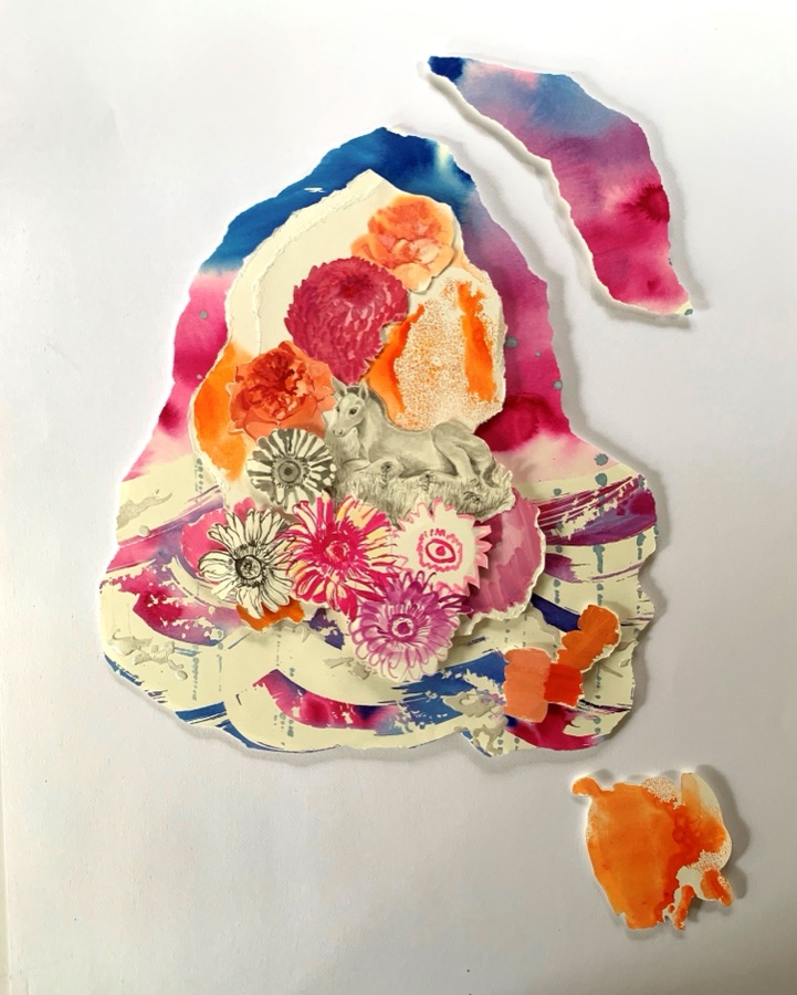 Reclining Foal Thought Bubble — collage with foal on torn washes