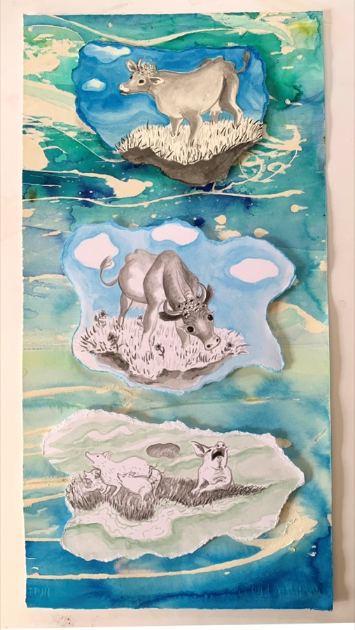 Cow Cow Pig — three islands with animals on blue-green washes