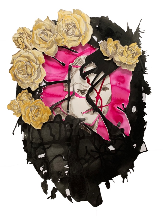 Self Portrait with Golden Roses — magenta splash portrait surrounded by black ink and golden roses