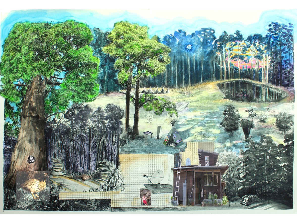 Forest collage with tipi, shed and dam — artwork linking to Julie's previous website