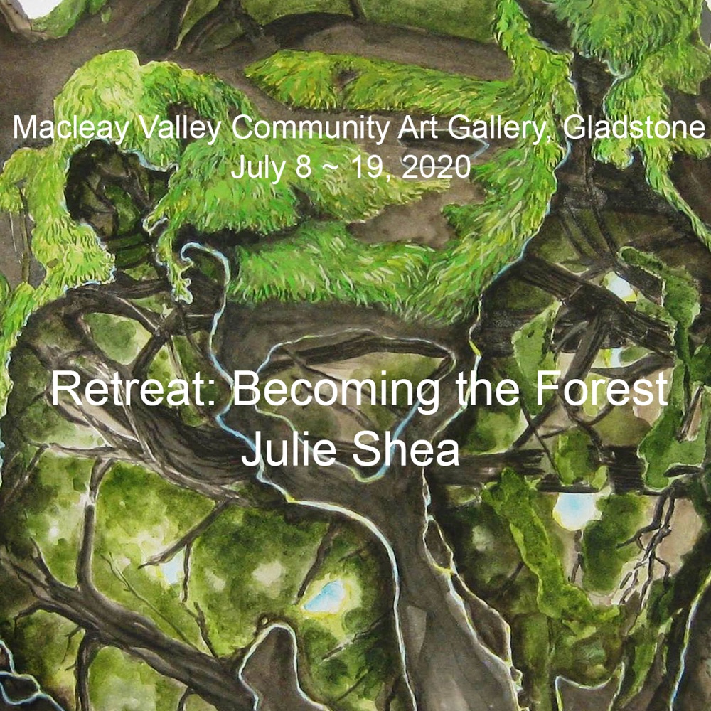 Retreat: Becoming the Forest exhibition invitation — mossy forest forms