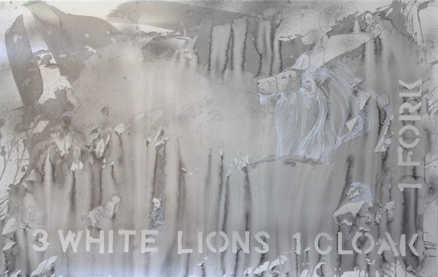 3 White Lions 1 Cloak 1 Fork — grey ink wash with stencilled words