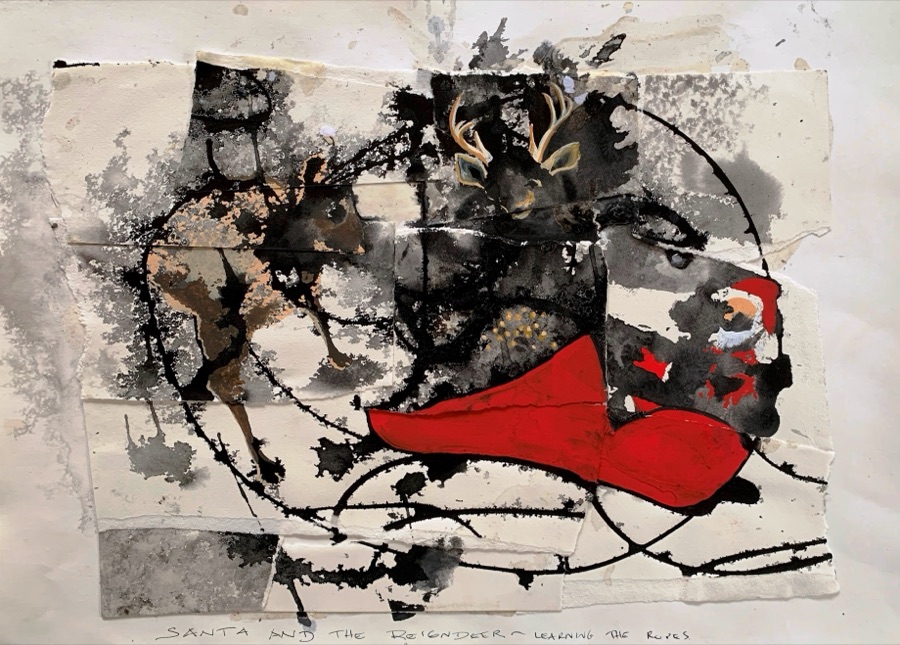 Santa and the Reindeer: Learning the Ropes — pareidolic image in splashed ink with red cloak