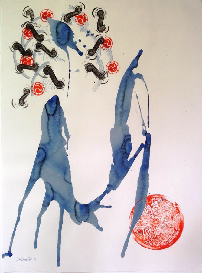 Raijin and Raiju in Nara — blue ink figures with red seals