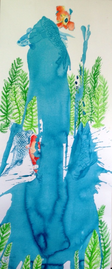 Don Quixote in the Gardens of Chokoku-no-mori — tall blue ink splash with green ferns