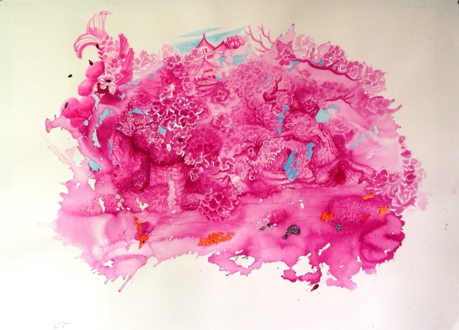 Osaka Castle Tea Store Gardens — pink ink splash landscape
