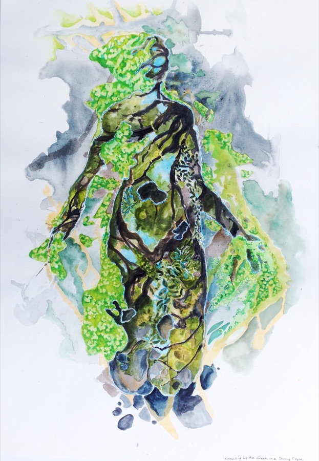 Kneeling in a Sunny Cape — figure in forest pool