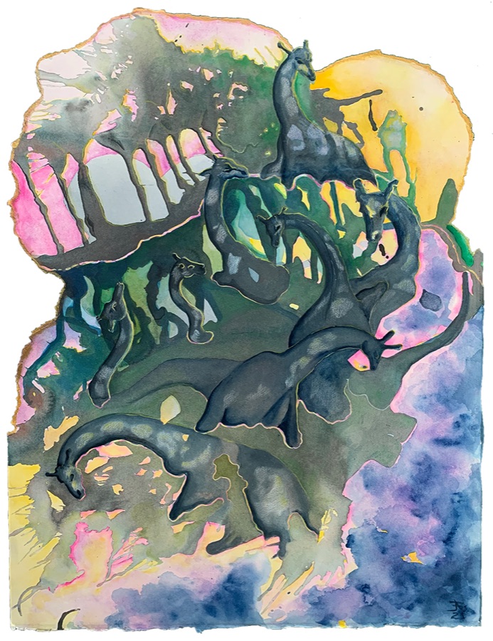Giraffosaurs in the Landscape (Elephant) — grey creatures in yellow, pink and purple washes
