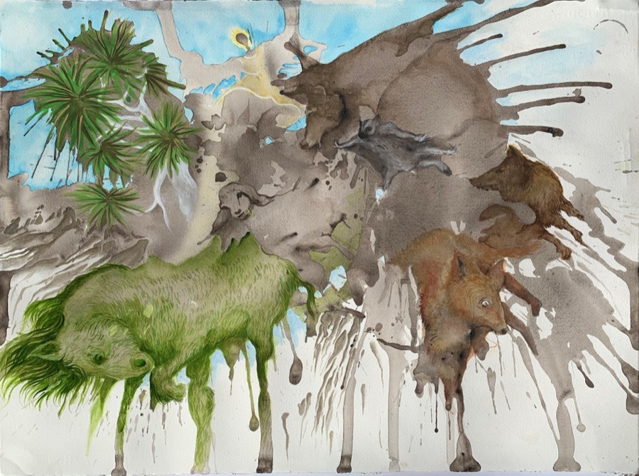 To Those That Went Over the Cliff — animals in brown ink splashes with palms